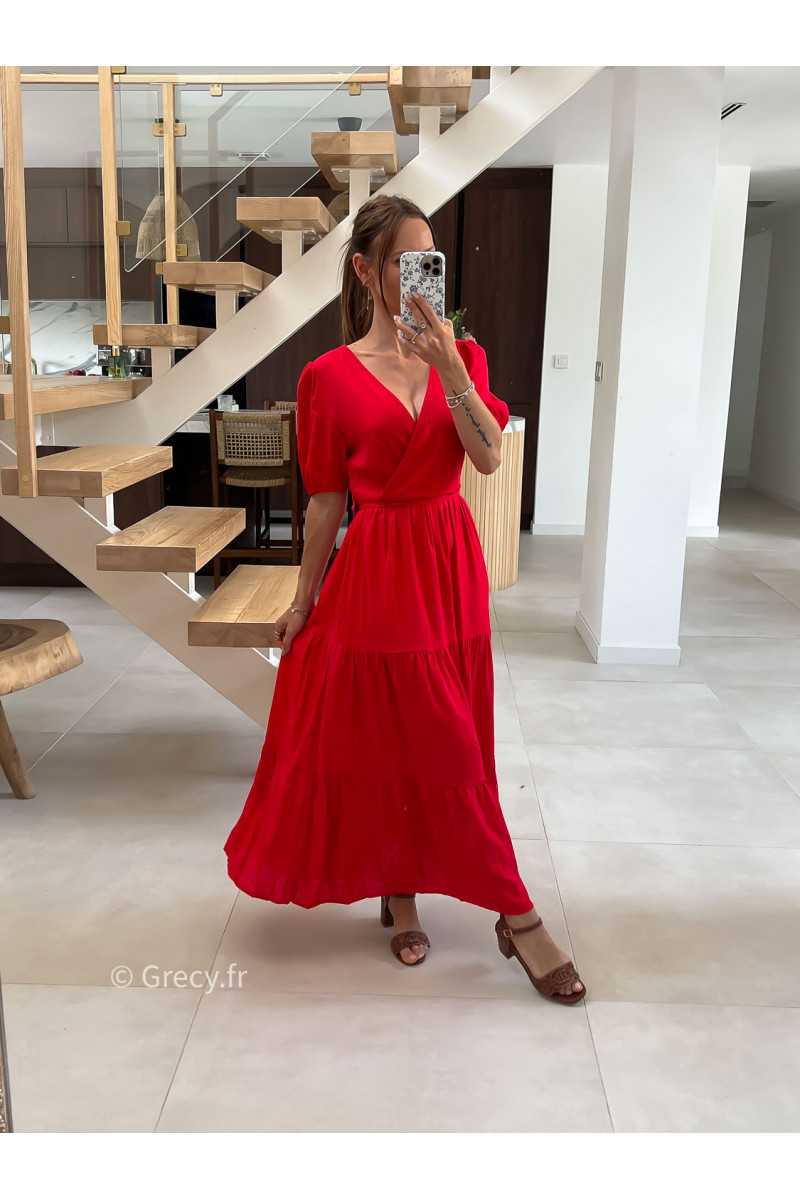 Robe longue lin rouge cache-coeur mode tendance été grecy