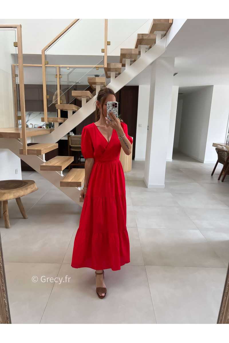 Robe longue lin rouge cache-coeur mode tendance été grecy