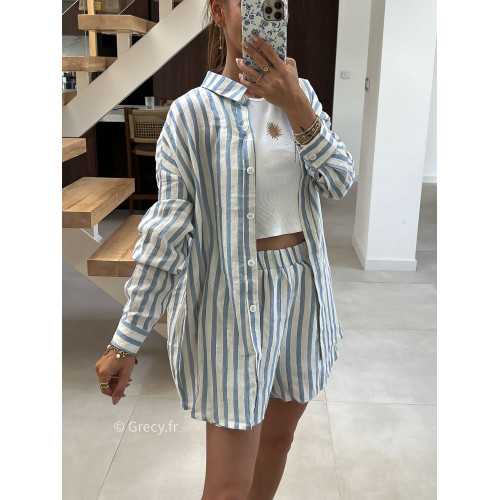 Chemise oversize rayée bleue coton lin mode tendance été grecy