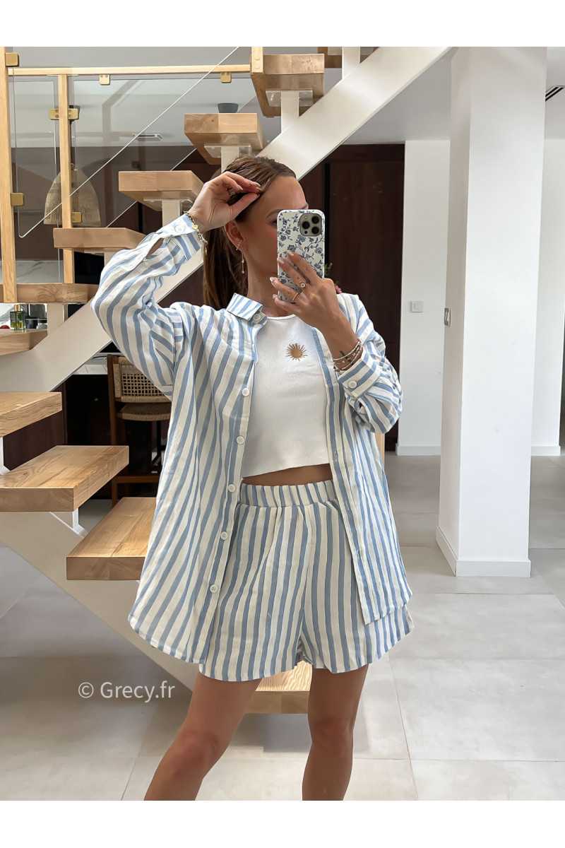 Chemise oversize rayée bleue coton lin mode tendance été grecy
