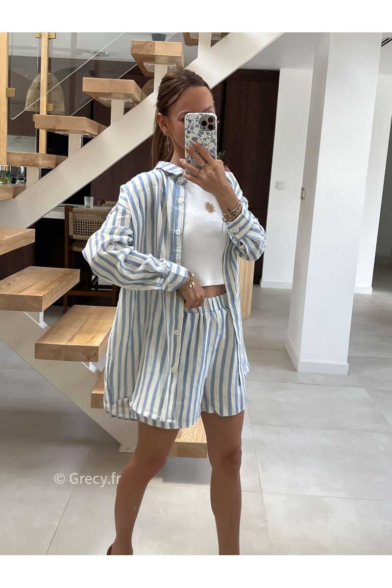 Chemise oversize rayée bleue coton lin mode tendance été grecy