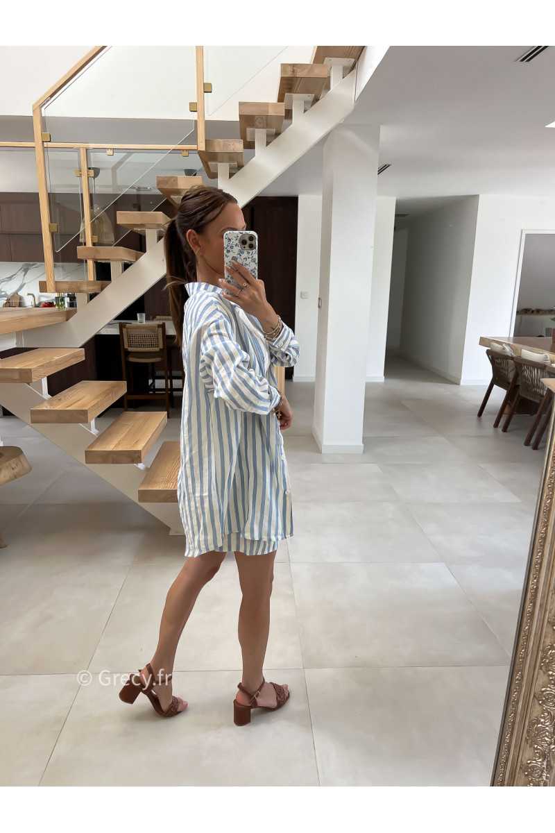 Chemise oversize rayée bleue coton lin mode tendance été grecy