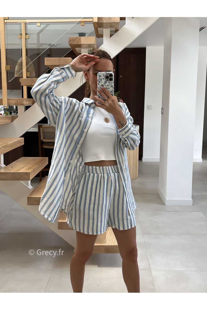 short rayé bleu coton lin mode tendance été grecy
