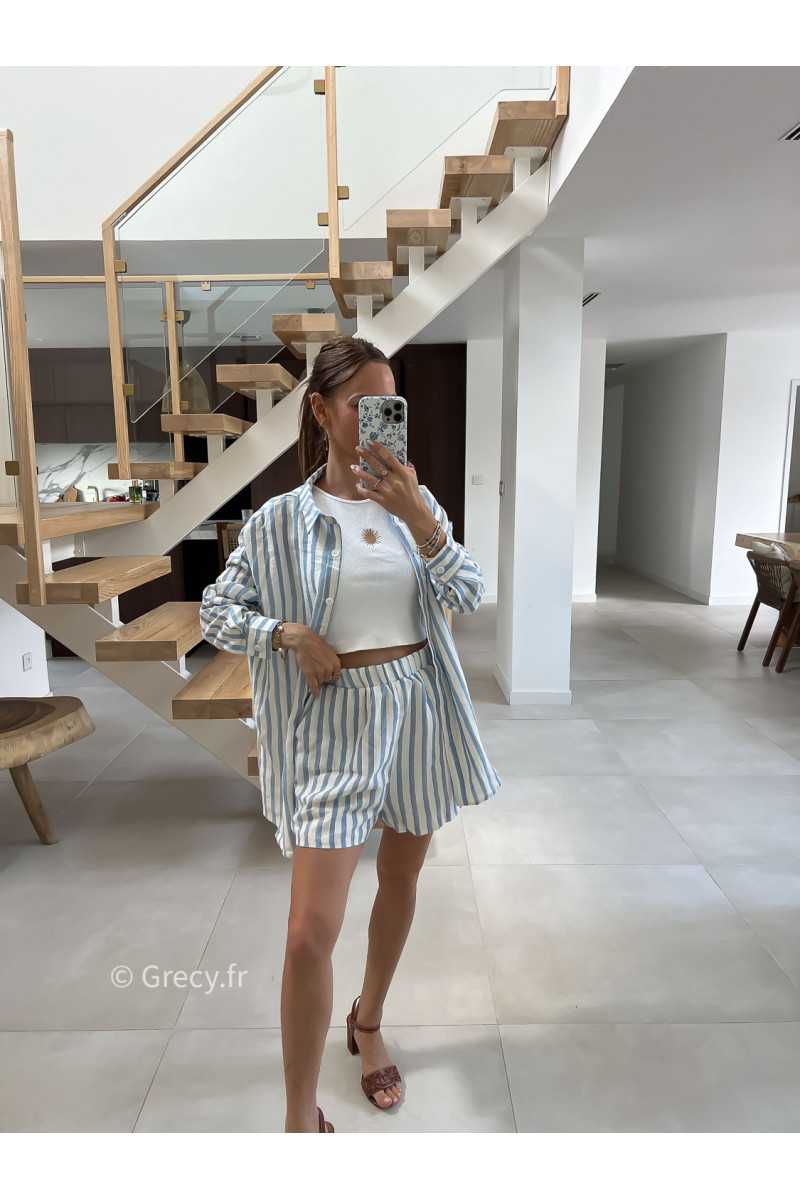 short rayé bleu coton lin mode tendance été grecy