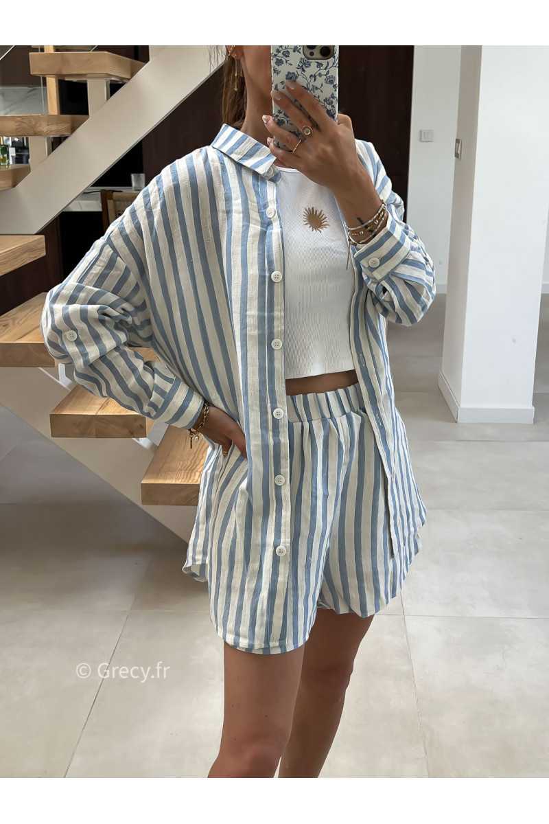 short rayé bleu coton lin mode tendance été grecy