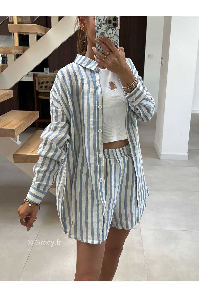 short rayé bleu coton lin mode tendance été grecy