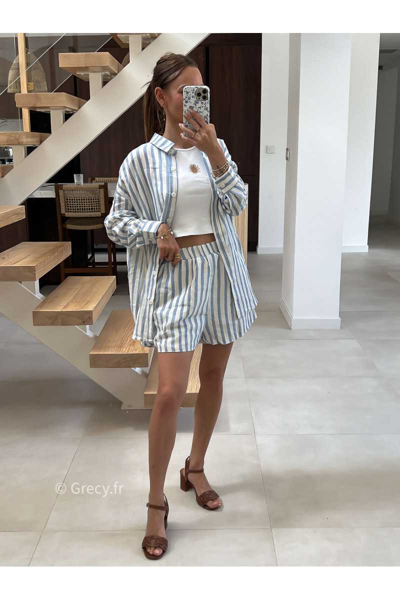 short rayé bleu coton lin mode tendance été grecy