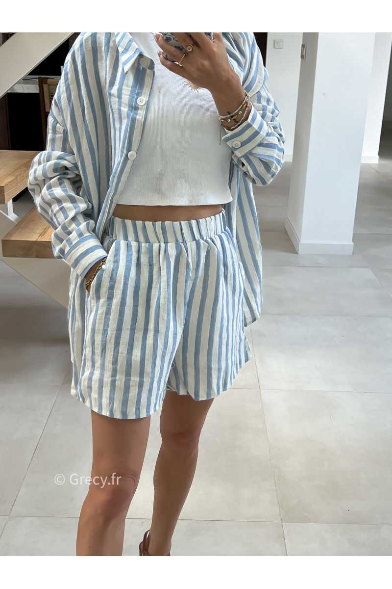 short rayé bleu coton lin mode tendance été grecy