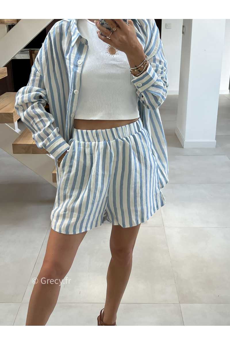 short rayé bleu coton lin mode tendance été grecy