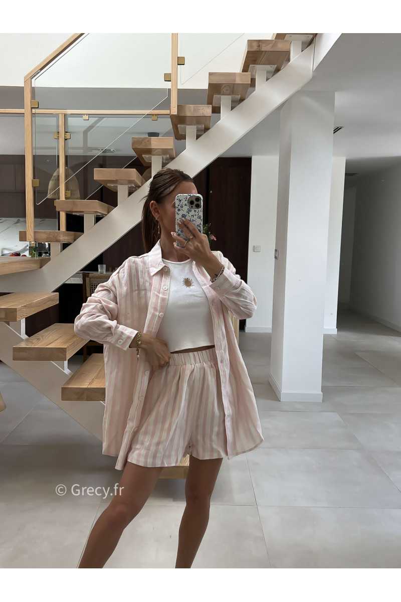 Chemise rayée rose coton lin mode tendance été grecy