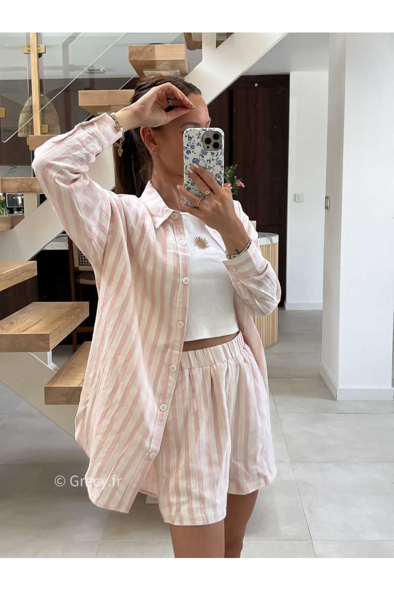 Chemise rayée rose coton lin mode tendance été grecy