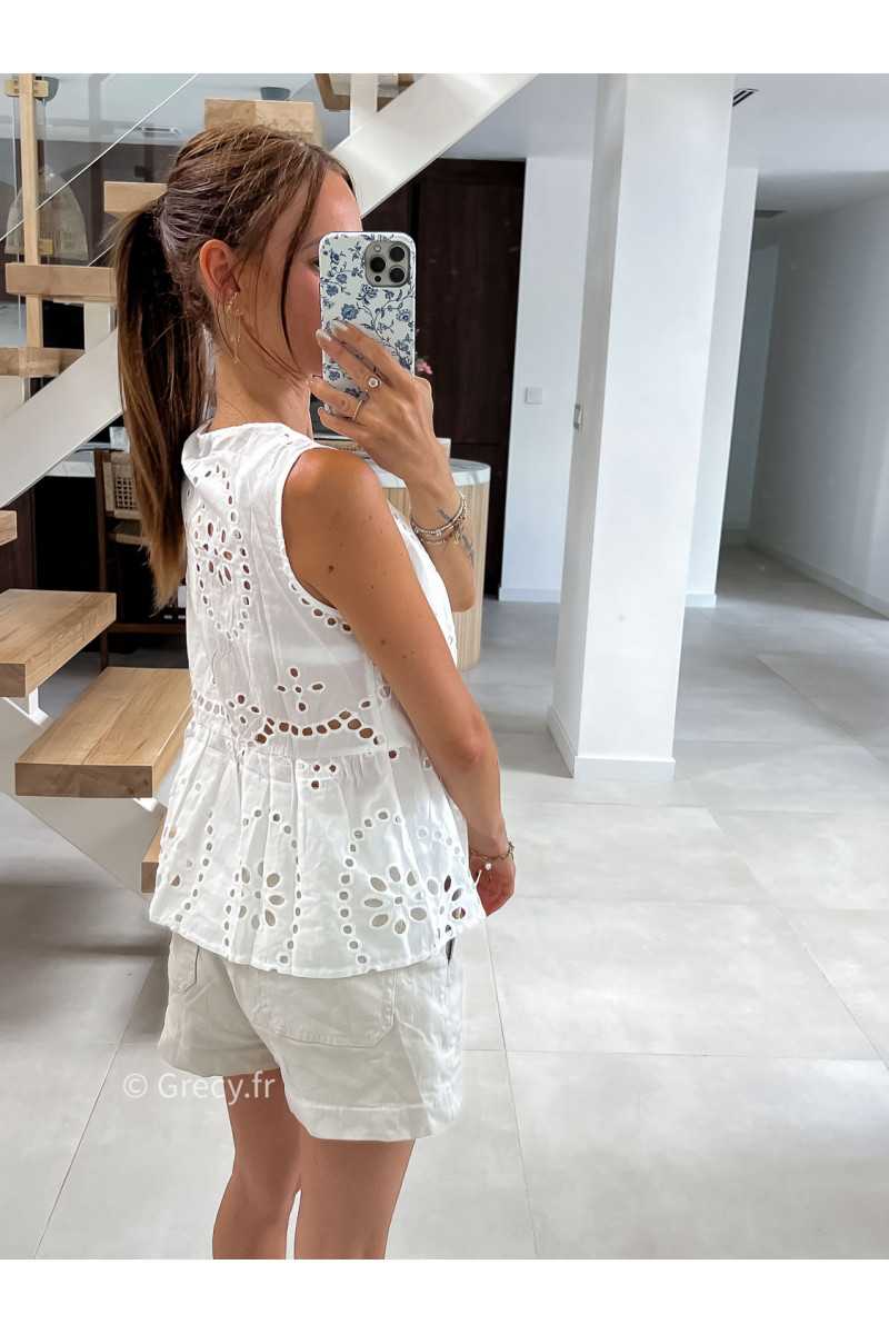Top broderies blanc à nouer mode tendance été grecy
