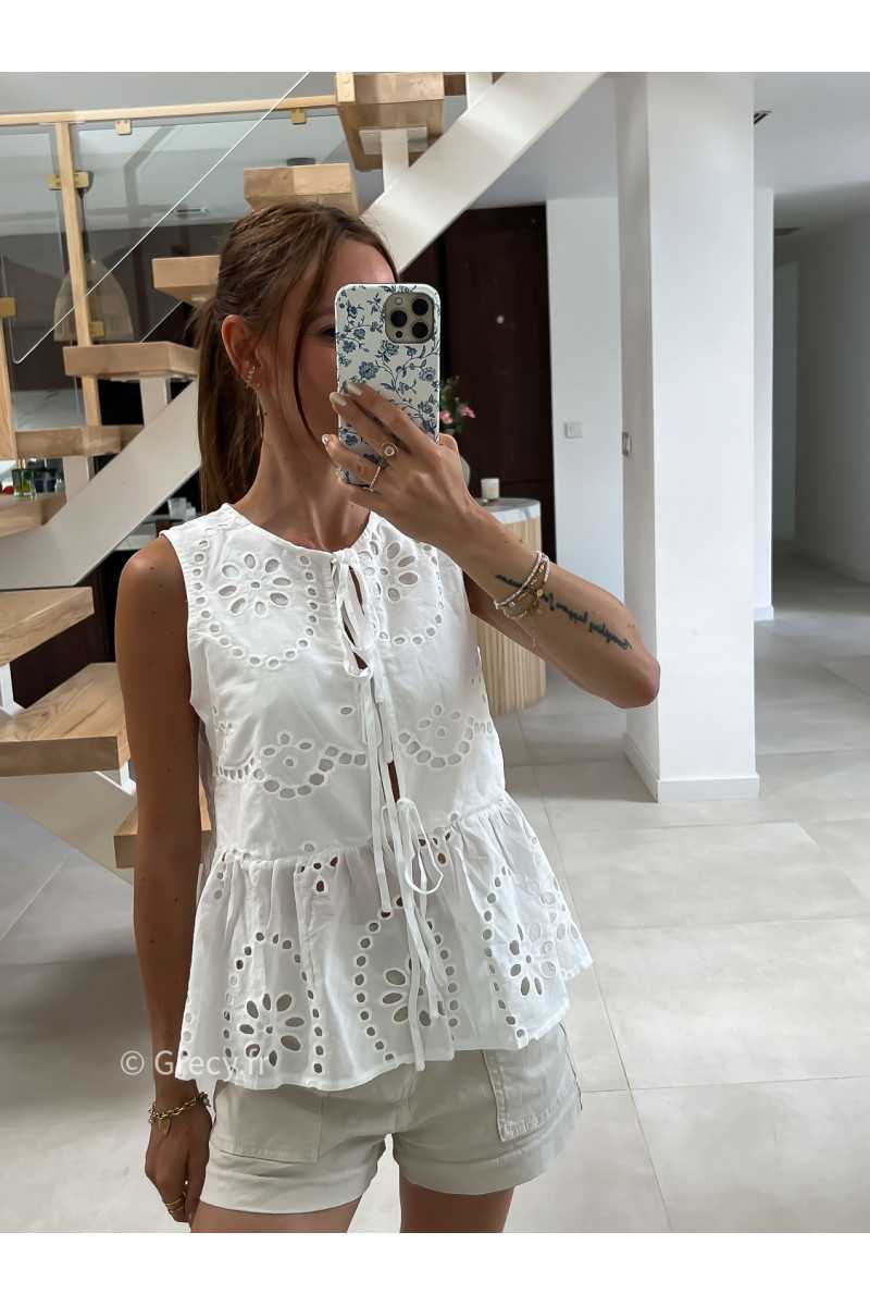 Top broderies blanc à nouer mode tendance été grecy