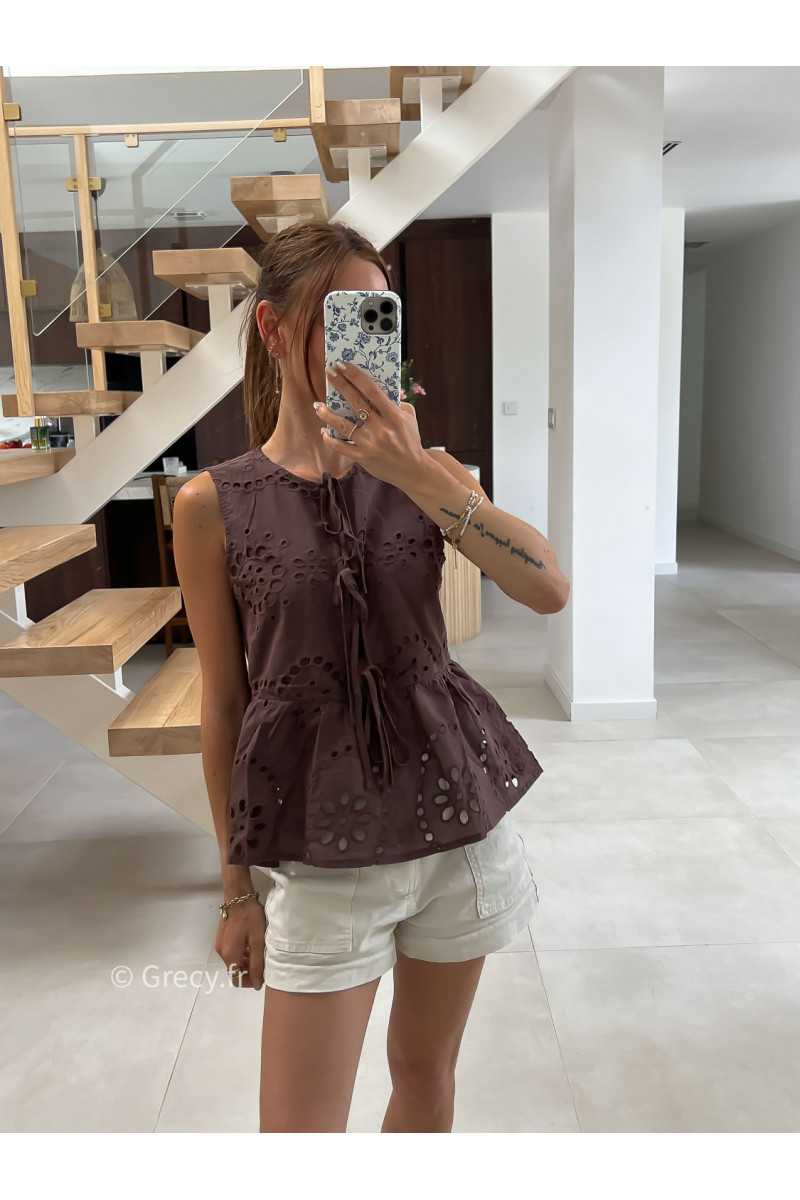 Top broderies marron à nouer mode tendance été grecy