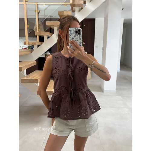 Top broderies marron à nouer mode tendance été grecy