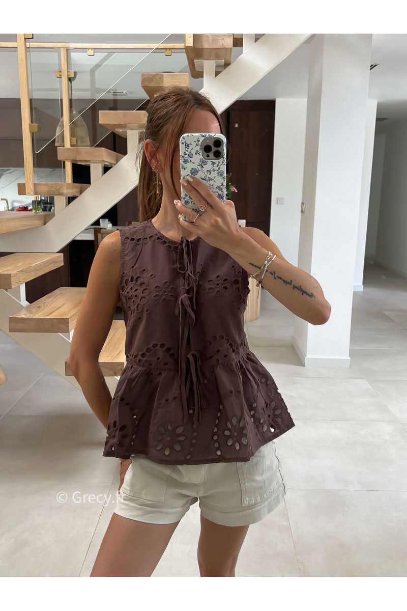 Top broderies marron à nouer mode tendance été grecy