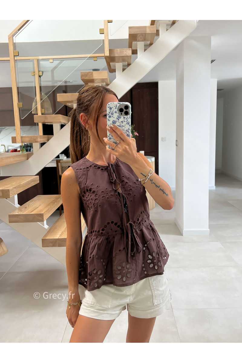 Top broderies marron à nouer mode tendance été grecy