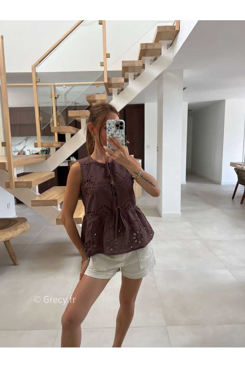 Top broderies marron à nouer mode tendance été grecy