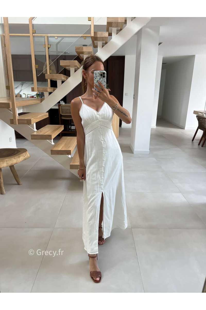 Robe longue en lin boutonnée à bretelles été look chic intemporel mode tendance grecy