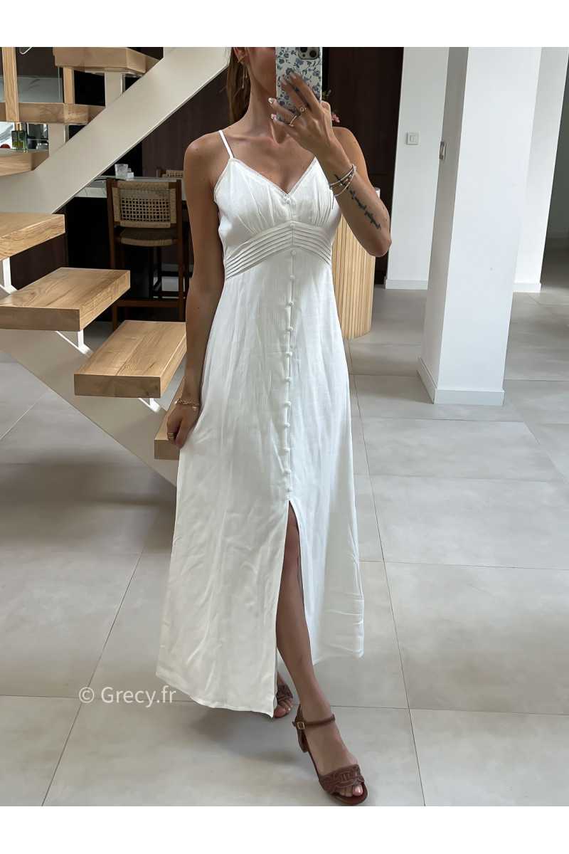 Robe longue en lin boutonnée à bretelles été look chic intemporel mode tendance grecy