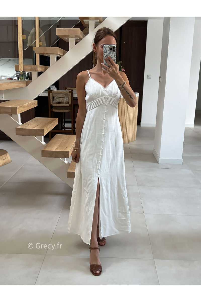 Robe longue en lin boutonnée à bretelles été look chic intemporel mode tendance grecy