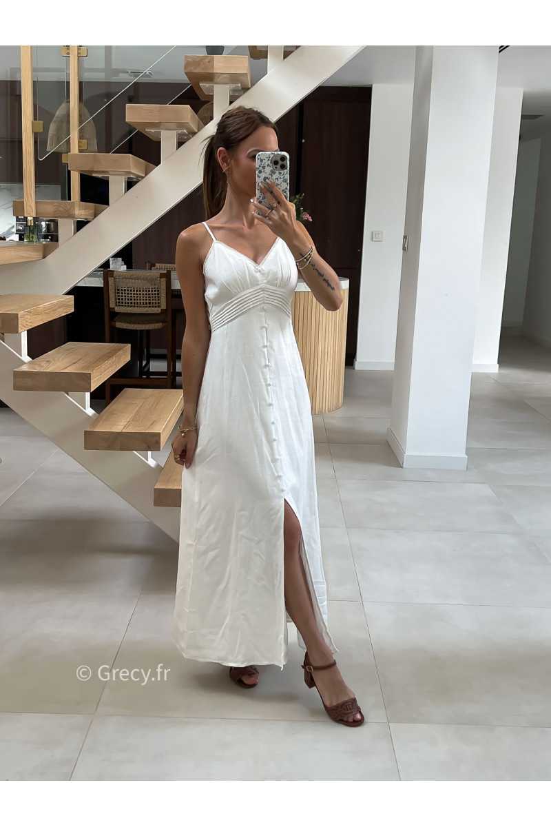Robe longue en lin boutonnée à bretelles été look chic intemporel mode tendance grecy