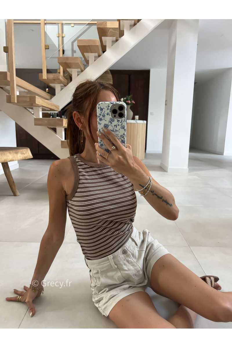 Debardeur rayé taupe marron été look chic intemporel mode tendance grecy