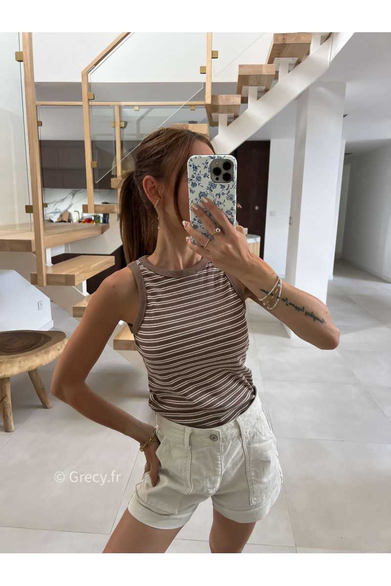 Debardeur rayé taupe marron été look chic intemporel mode tendance grecy