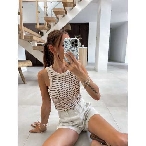 Debardeur rayé beige été look chic intemporel mode tendance grecy