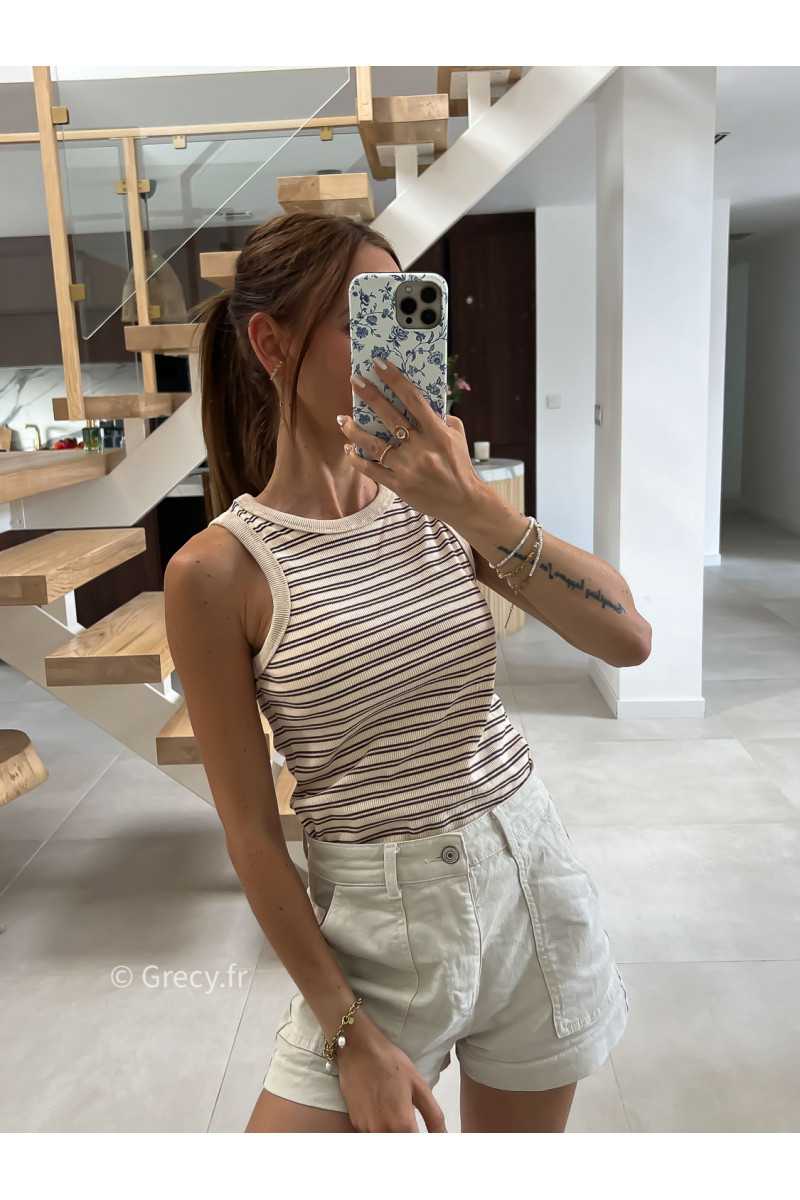 Debardeur rayé beige été look chic intemporel mode tendance grecy