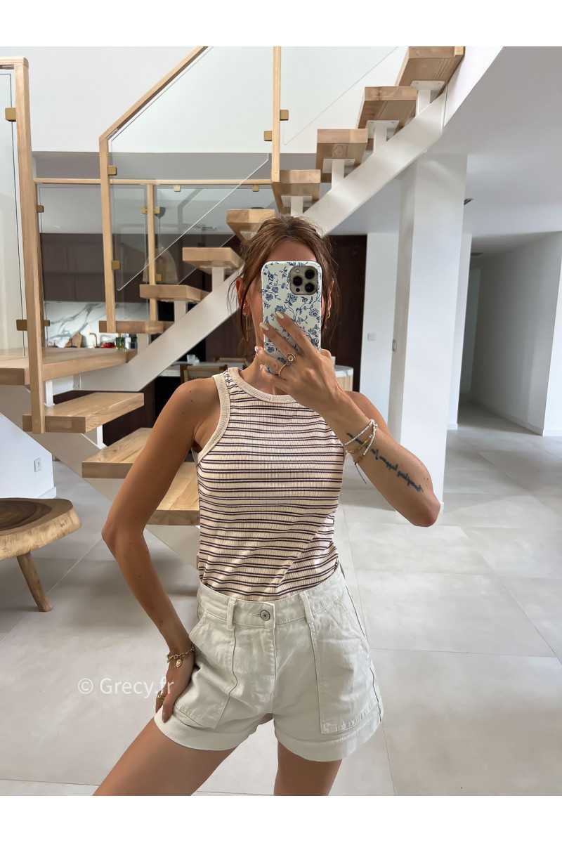 Debardeur rayé beige été look chic intemporel mode tendance grecy