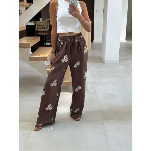 Pantalon marron broderies été look chic intemporel mode tendance grecy