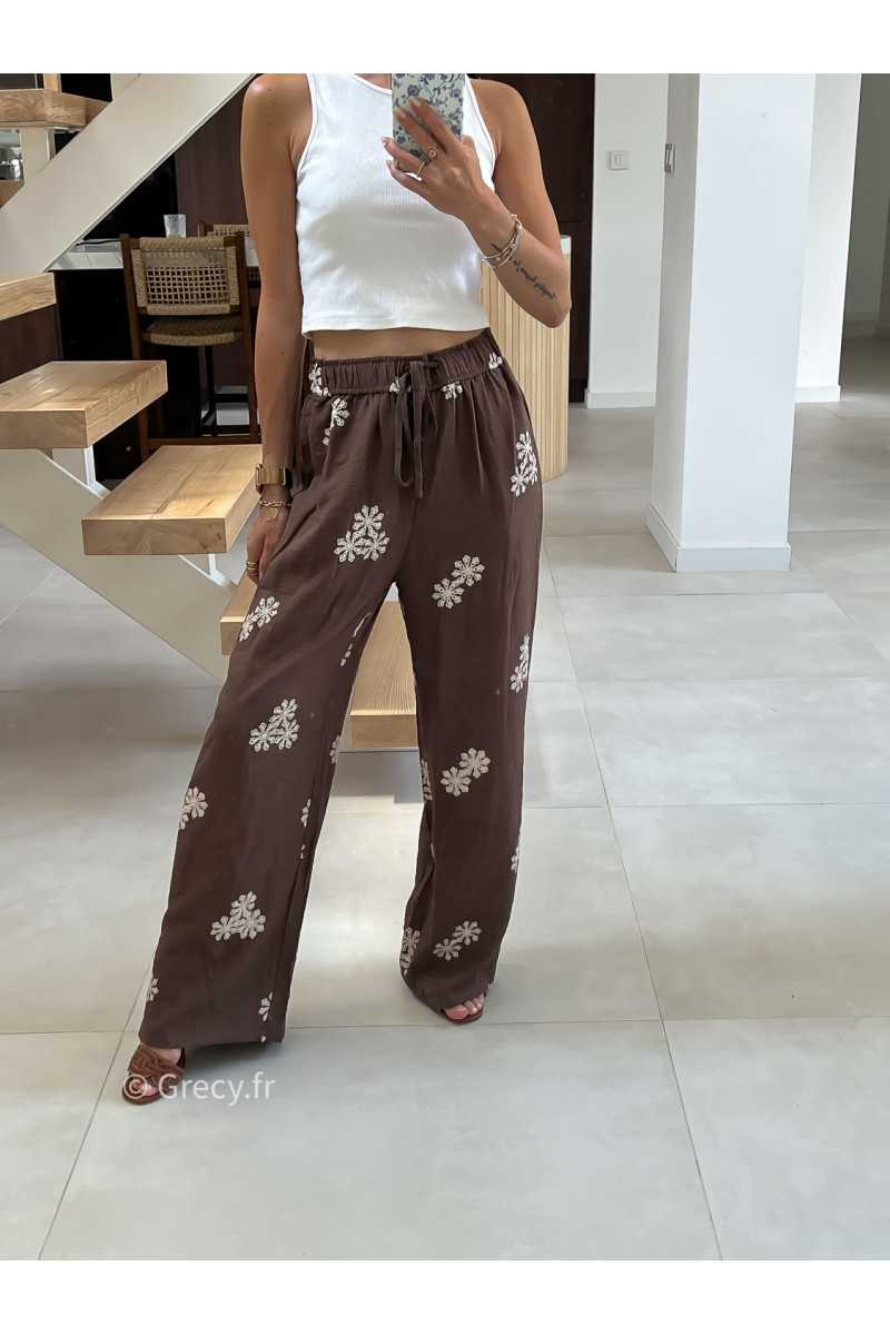Pantalon marron broderies été look chic intemporel mode tendance grecy