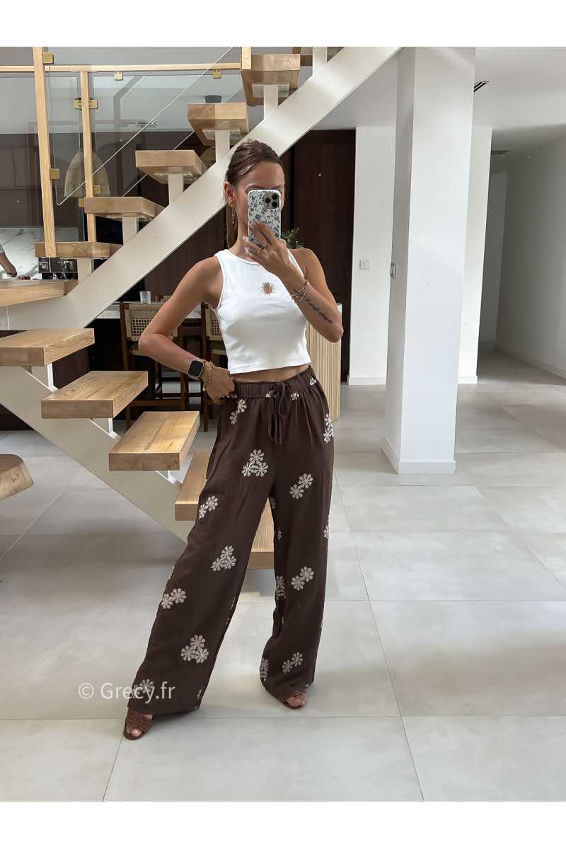 Pantalon marron broderies été look chic intemporel mode tendance grecy