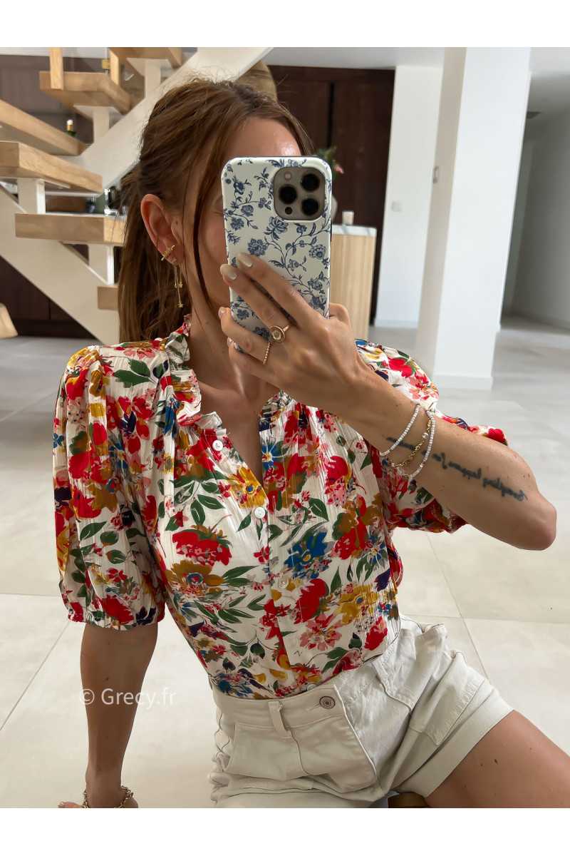Chemisier fleuri col volants été look chic intemporel mode tendance grecy