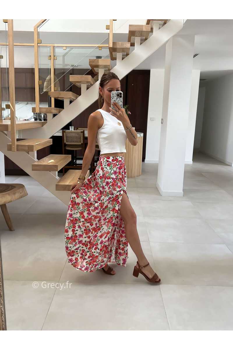 Jupe longue fleurie fendue rose orange été look chic intemporel mode tendance grecy