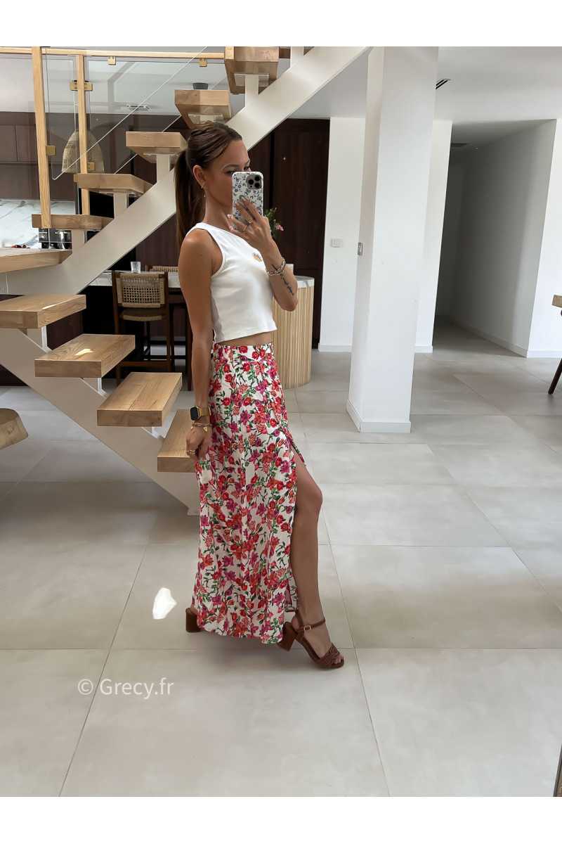 Jupe longue fleurie fendue rose orange été look chic intemporel mode tendance grecy