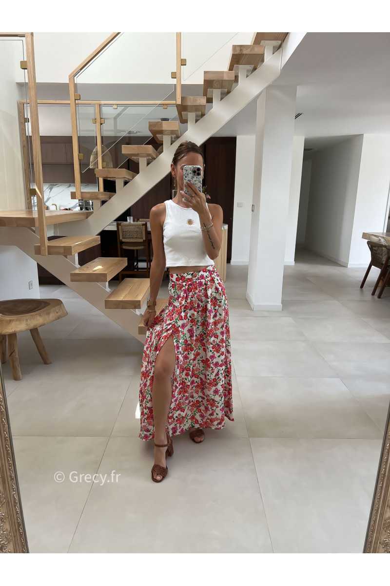 Jupe longue fleurie fendue rose orange été look chic intemporel mode tendance grecy