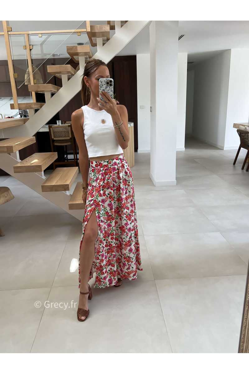 Jupe longue fleurie fendue rose orange été look chic intemporel mode tendance grecy