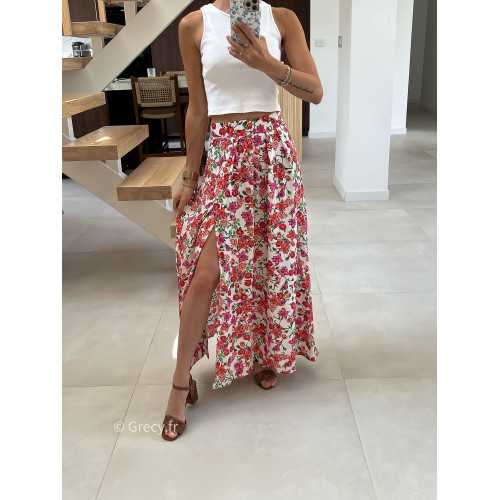 Jupe longue fleurie fendue rose orange été look chic intemporel mode tendance grecy