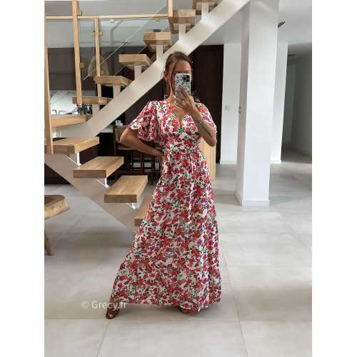 Robe longue fleurie rose orange avec manches