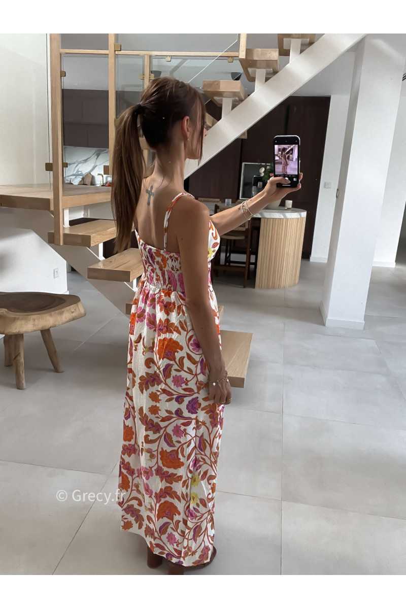 Robe longue fleurie orange rose bretelles été look chic intemporel mode tendance grecy