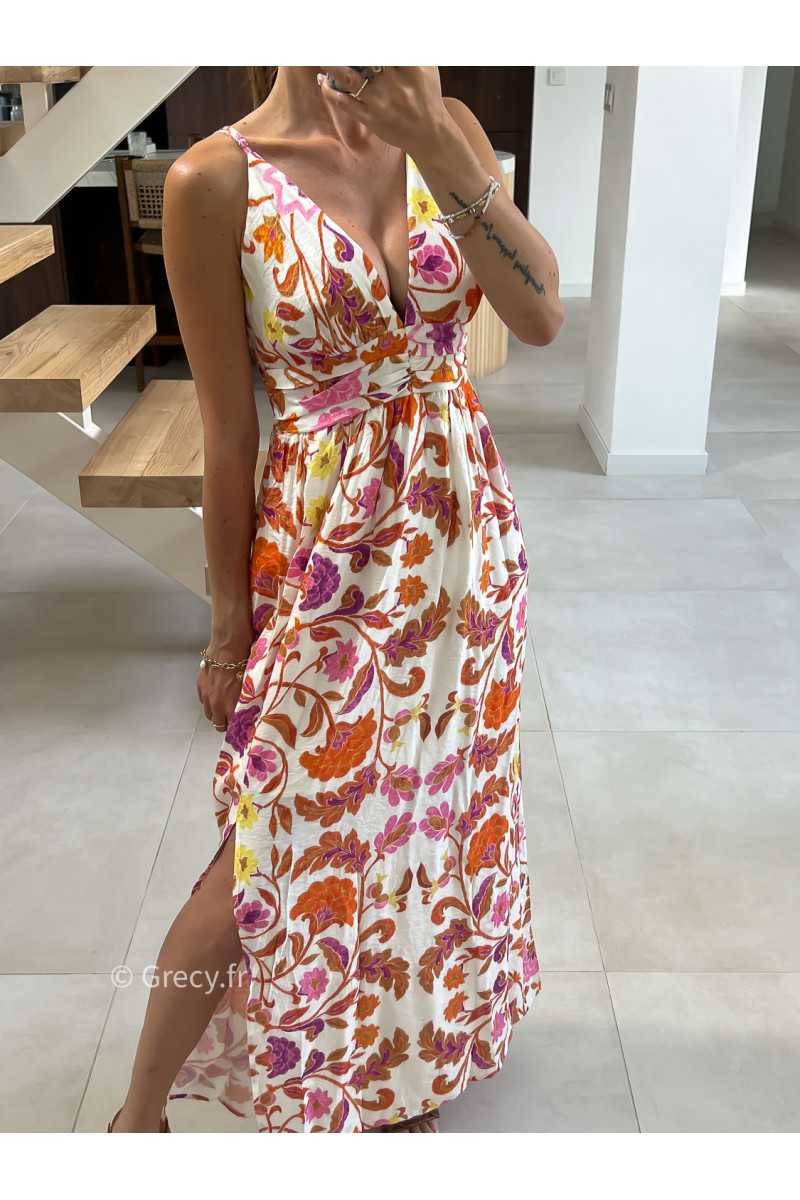 Robe longue fleurie orange rose bretelles été look chic intemporel mode tendance grecy