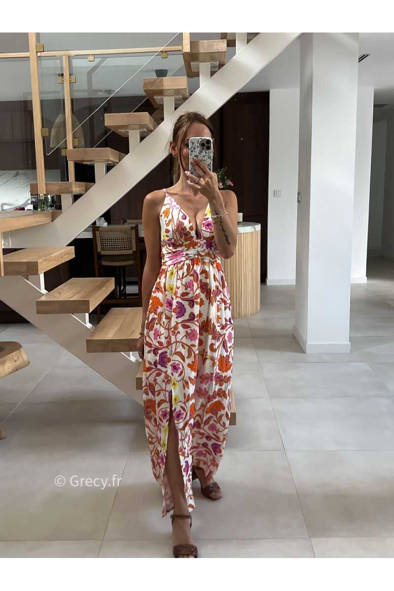 Robe longue fleurie orange rose bretelles été look chic intemporel mode tendance grecy