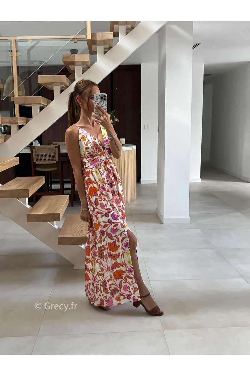 Robe longue fleurie orange rose bretelles été look chic intemporel mode tendance grecy