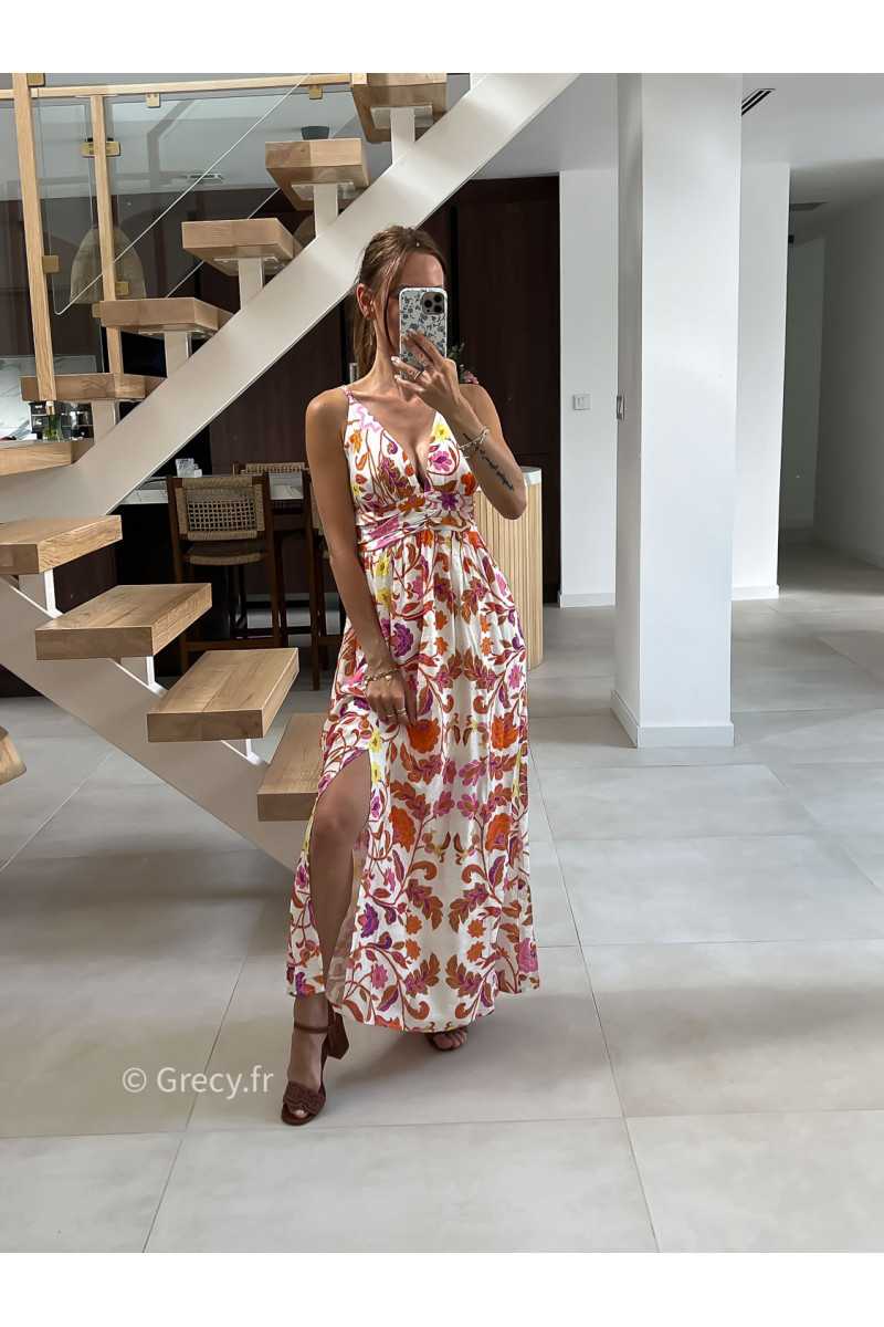Robe longue fleurie orange rose bretelles été look chic intemporel mode tendance grecy