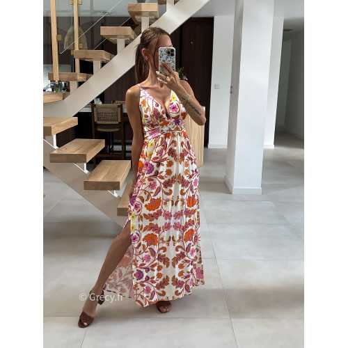 Robe longue fleurie orange rose bretelles
