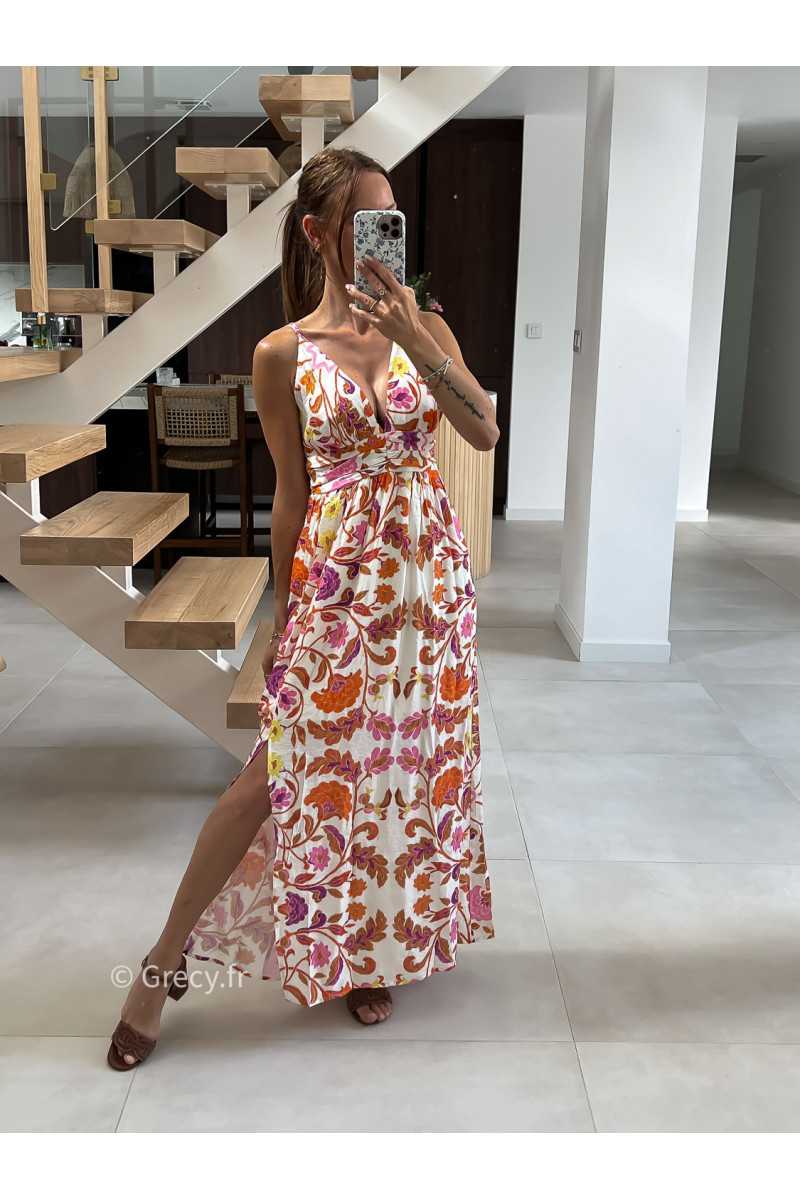 Robe longue fleurie orange rose bretelles été look chic intemporel mode tendance grecy