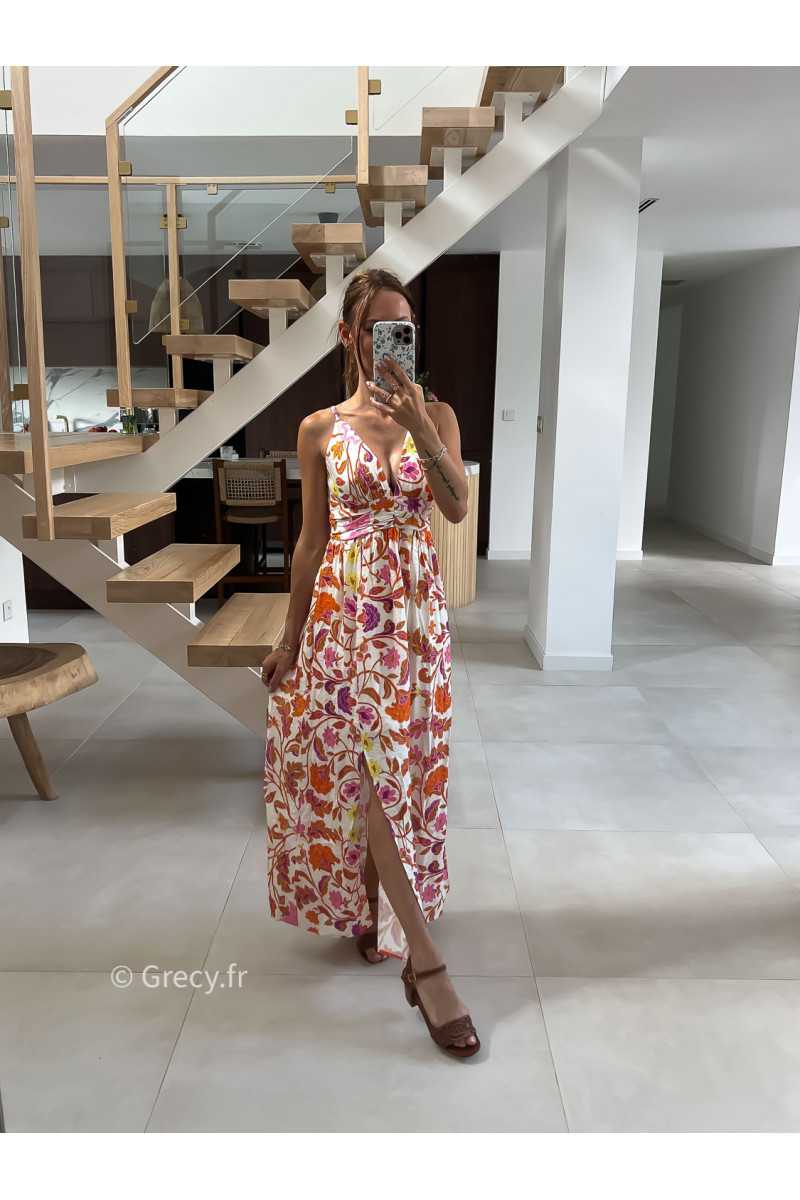 Robe longue fleurie orange rose bretelles été look chic intemporel mode tendance grecy