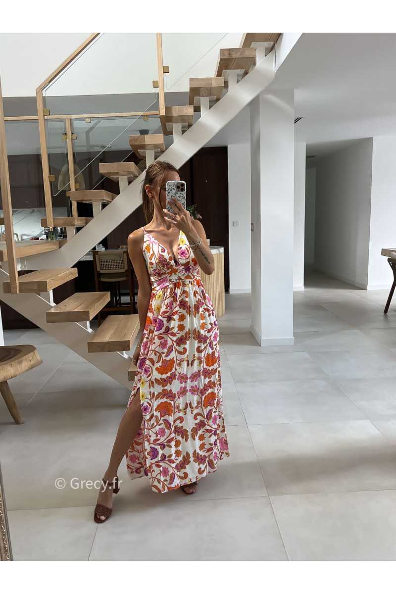Robe longue fleurie orange rose bretelles été look chic intemporel mode tendance grecy